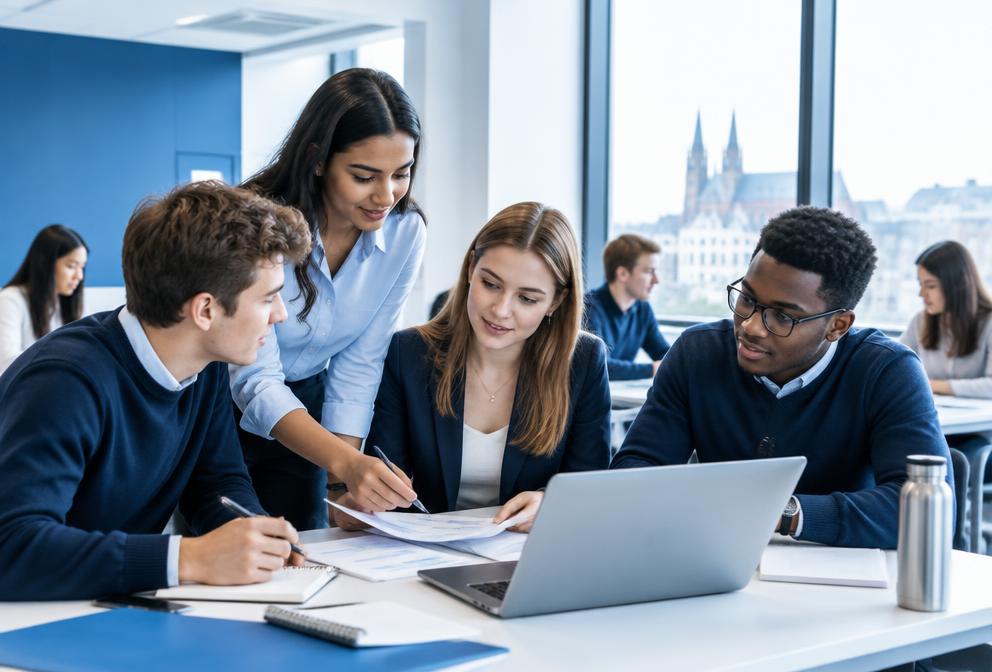 Business students in practical university training